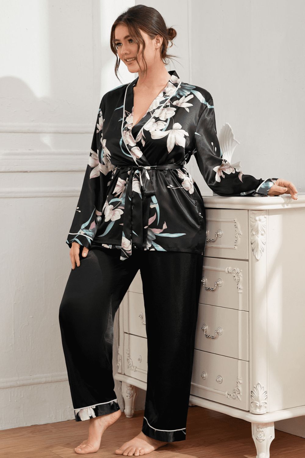 Plus Size Floral Belted Robe and Pants Pajama Set - AllIn Computer
