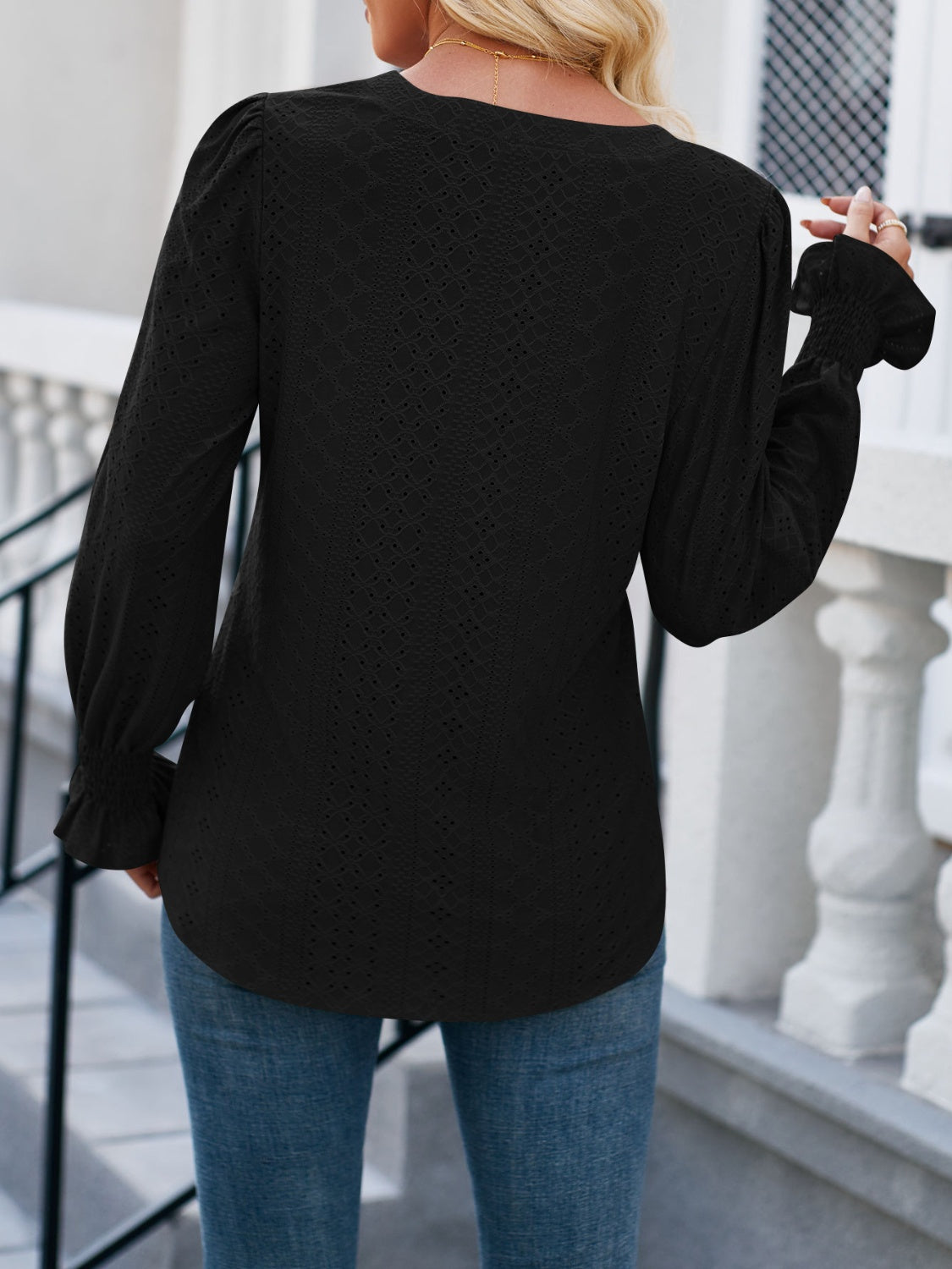 Eyelet Notched Flounce Sleeve Blouse - AllIn Computer