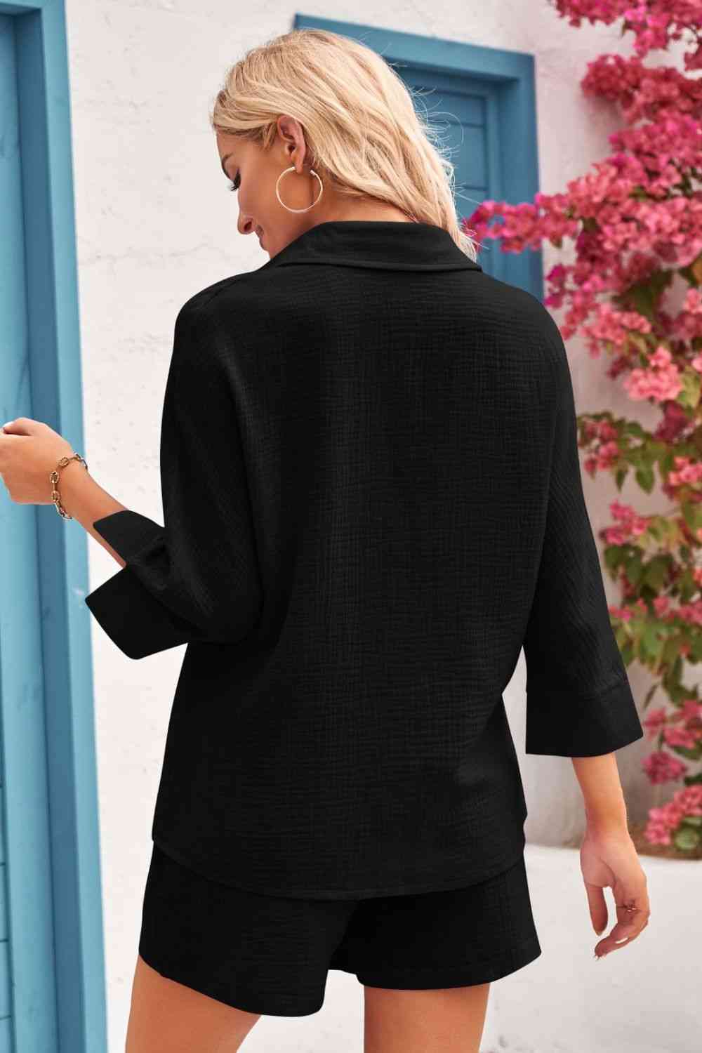 Double Take Textured Shirt and Elastic Waist Shorts Set - AllIn Computer