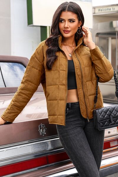 Zip Up Pocketed Long Sleeve Coat - AllIn Computer