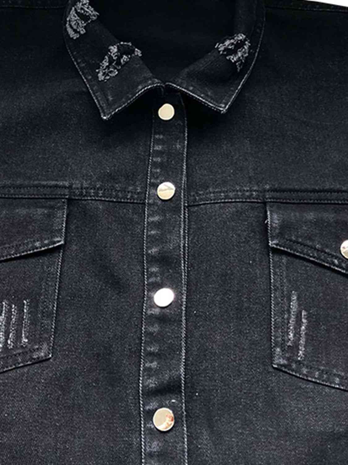 Raw Hem Collared Neck Long Sleeve Denim Jacket - AllIn Computer