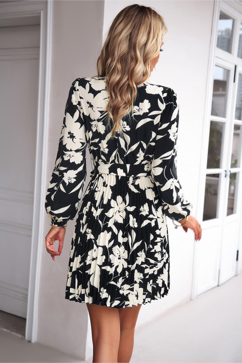 Floral Mock Neck Tie Waist Pleated Dress - AllIn Computer