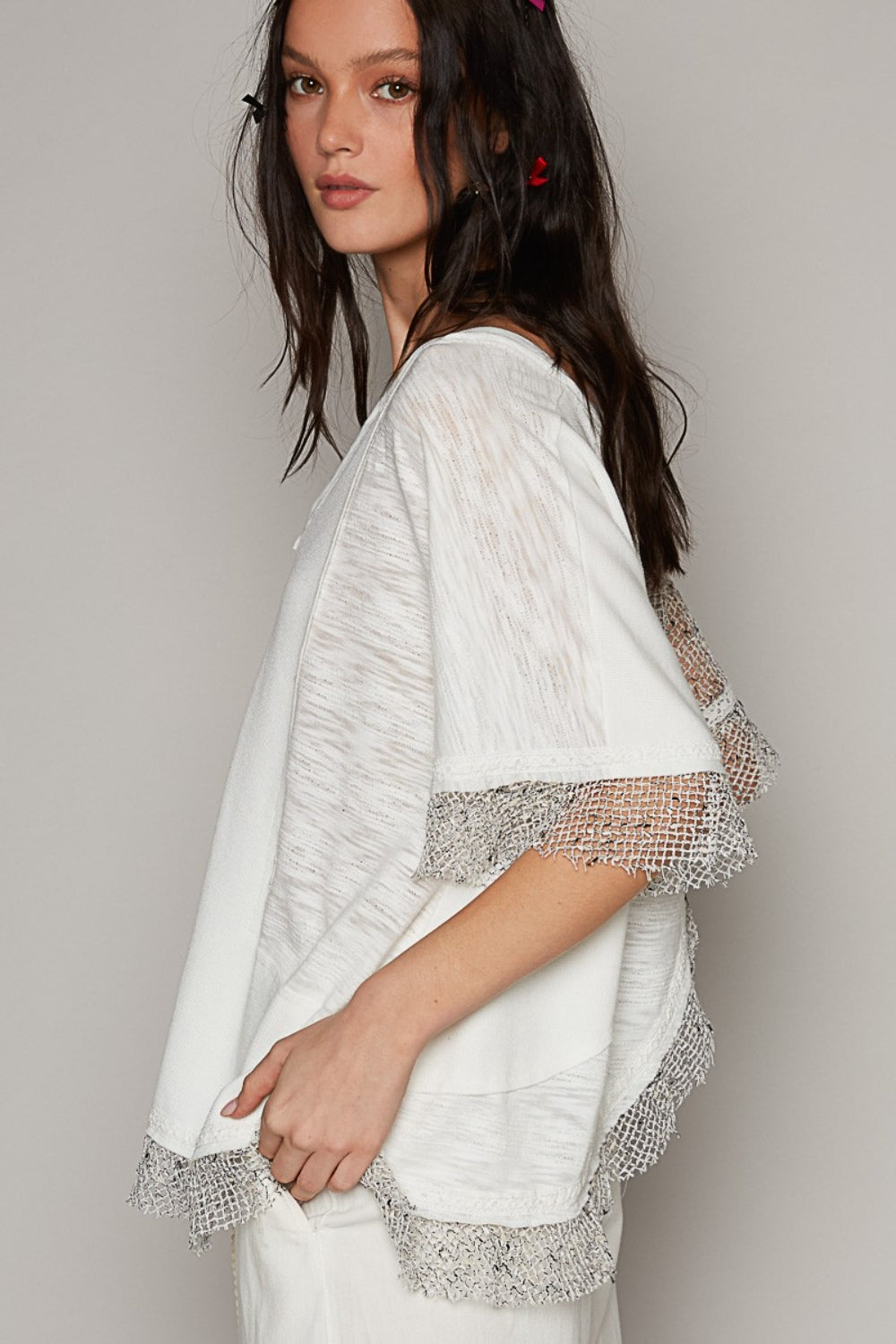 POL Openwork V-Neck Half Sleeve Top - AllIn Computer
