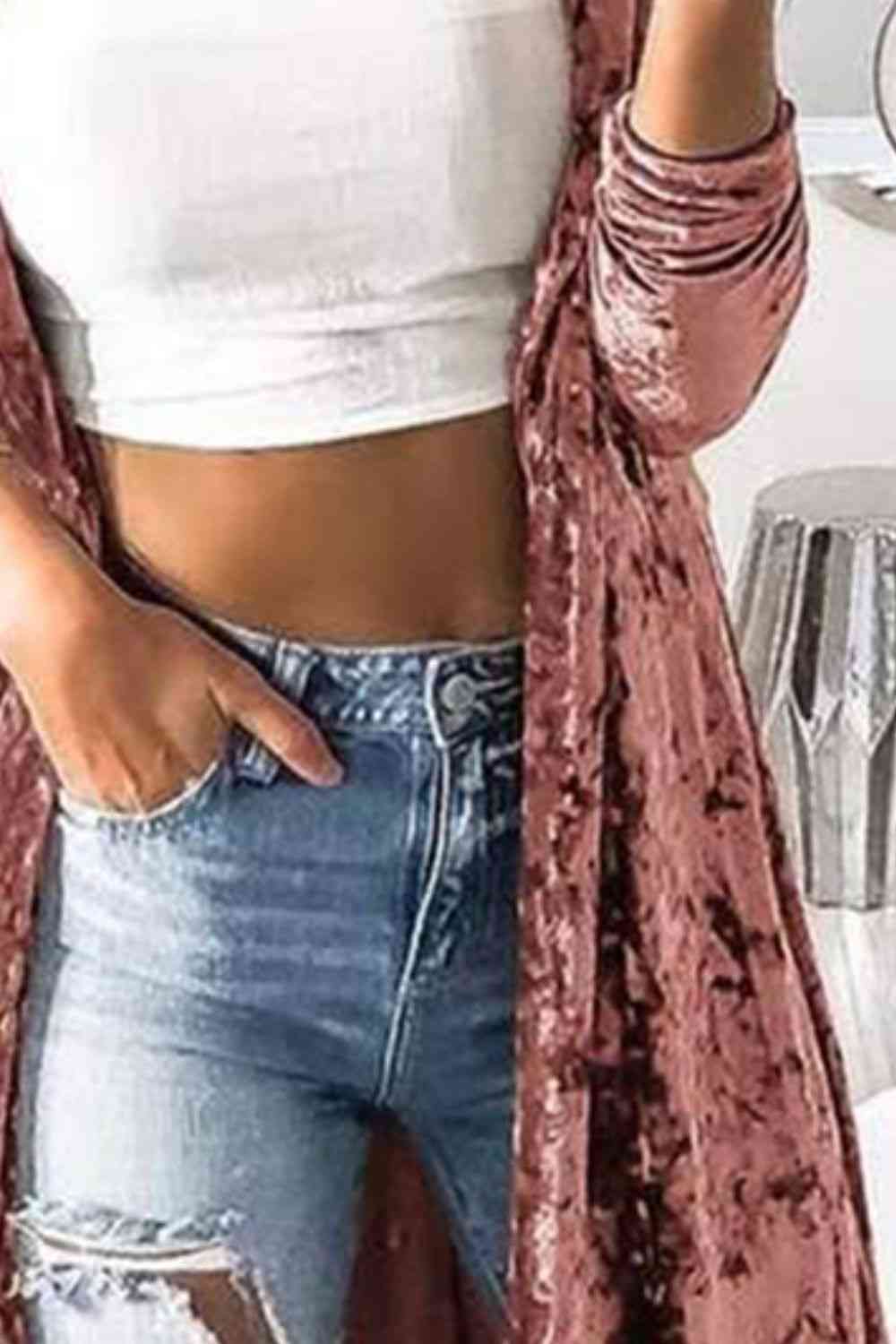 Open Front Long Sleeve Longline Velvet Cardigan - AllIn Computer