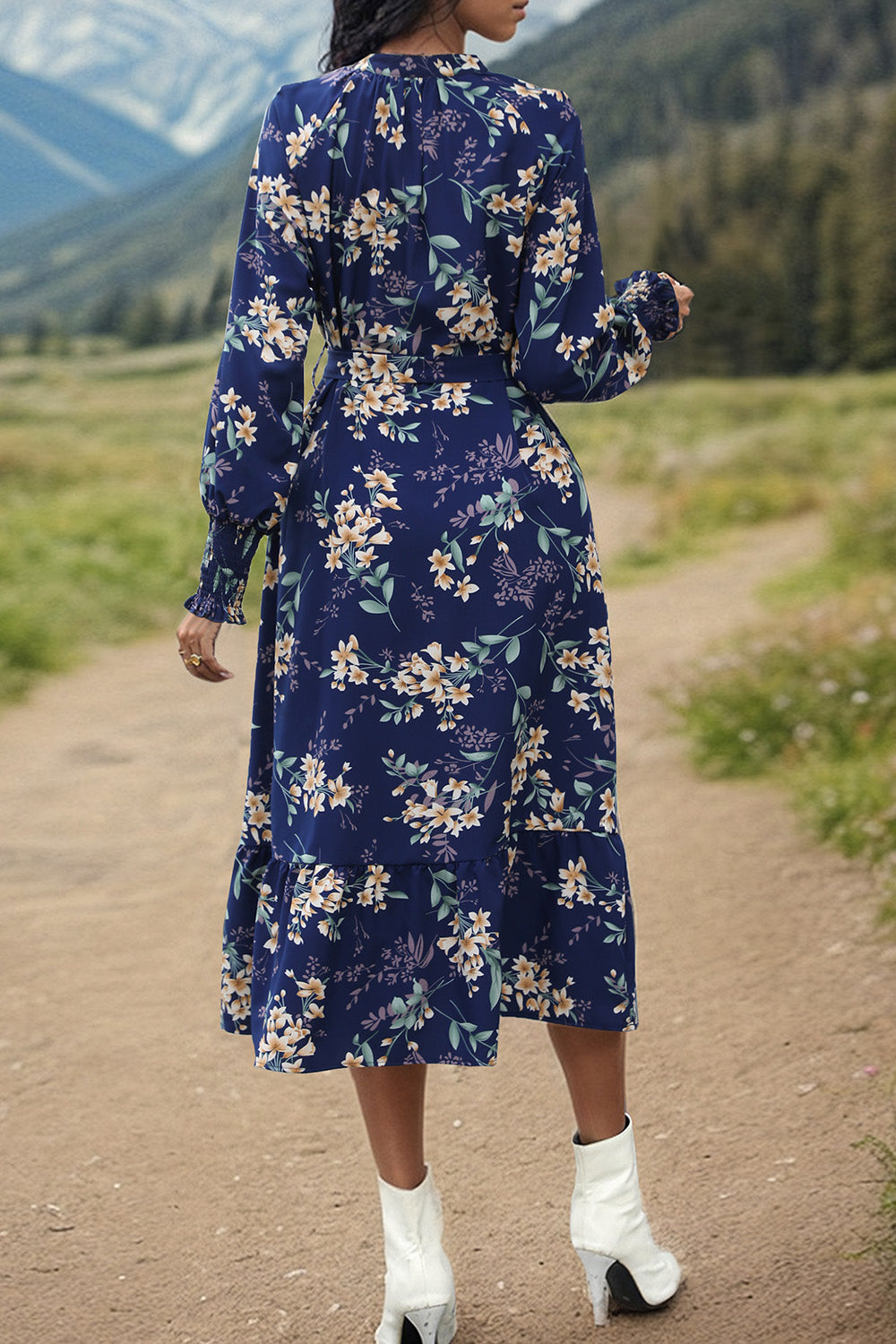 Printed Notched Lantern Sleeve Midi Dress - AllIn Computer