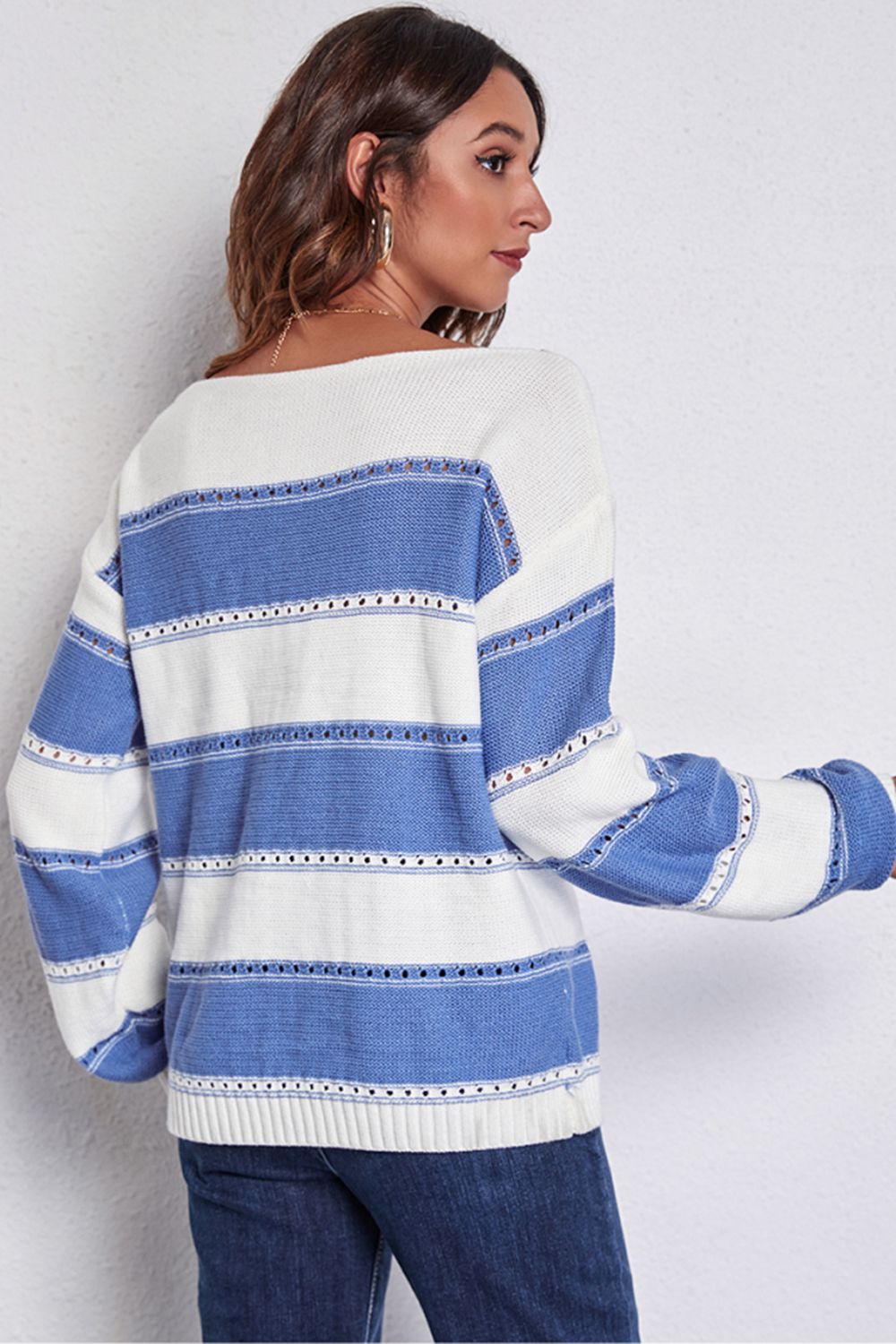 Striped Boat Neck Dropped Shoulder Sweater - AllIn Computer