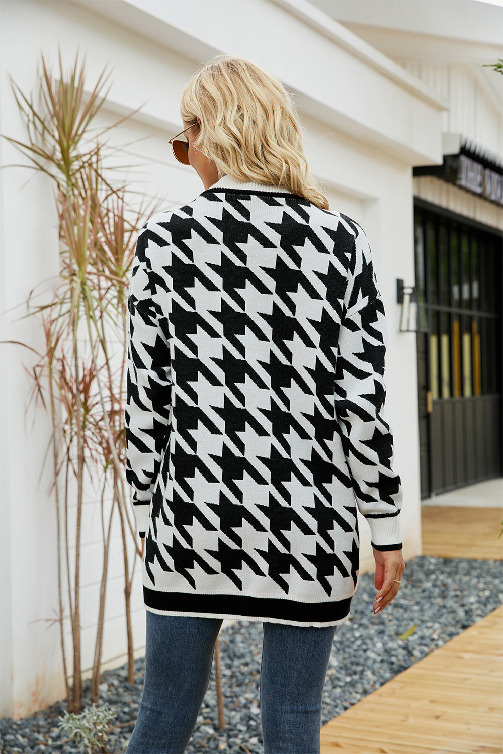 Houndstooth Open Front Longline Cardigan - AllIn Computer