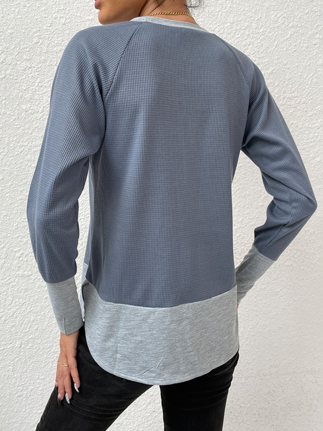 Waffle-Knit Round Neck Raglan Sleeve Tee - AllIn Computer