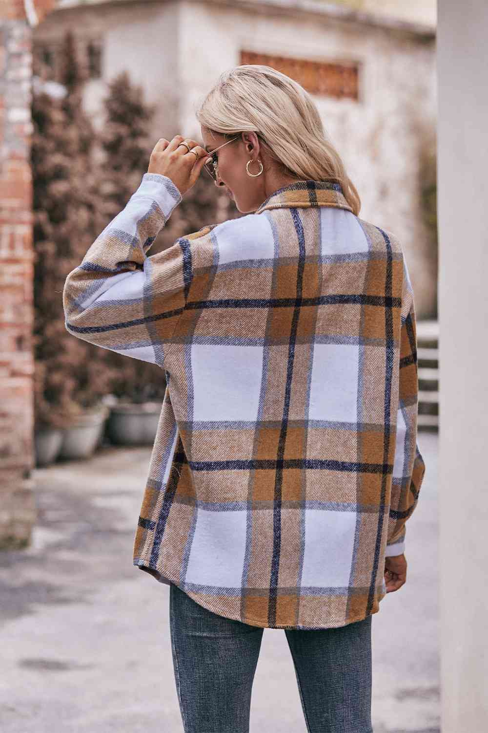 Plaid Long Sleeve Shirt Jacket with Pockets - AllIn Computer