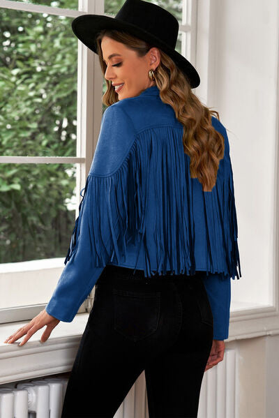 Fringe Trim Lapel Collar Cropped Blazer - AllIn Computer