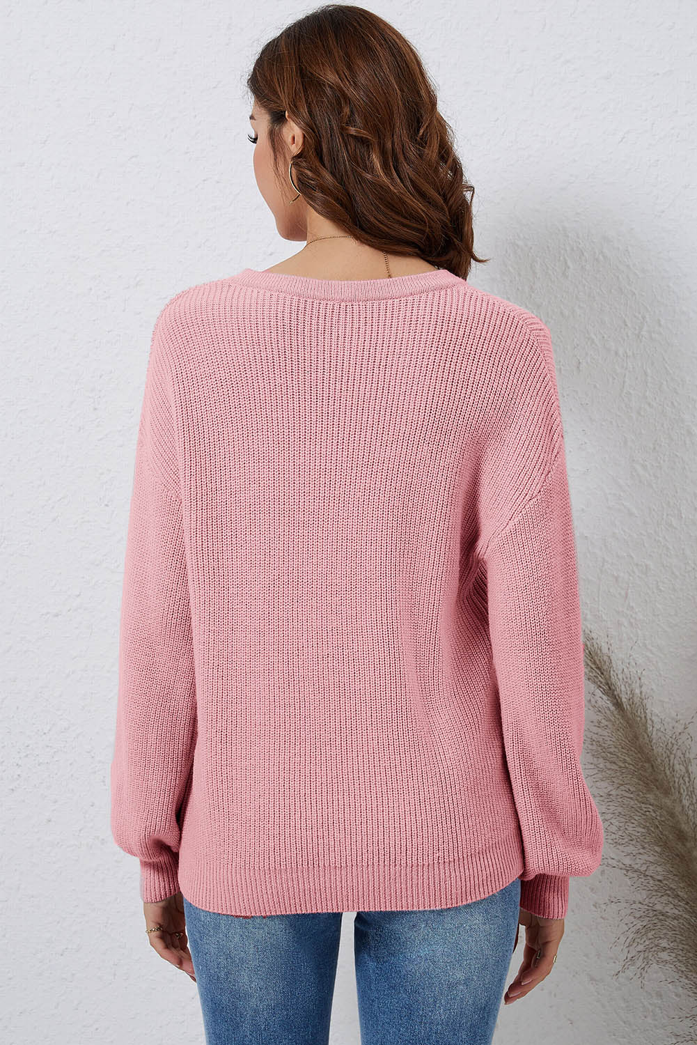 V-Neck Ribbed Dropped Shoulder Sweater - AllIn Computer
