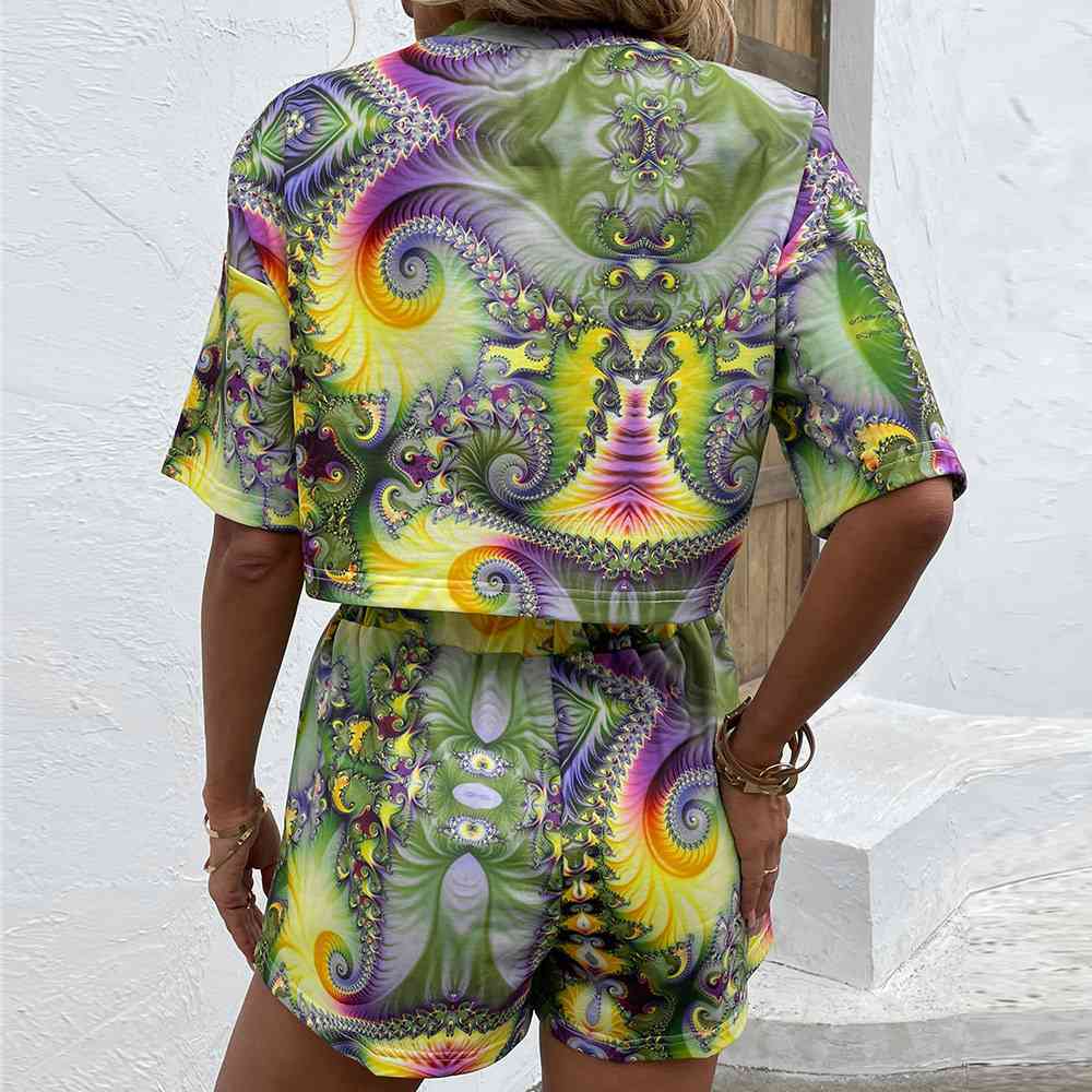 Printed Round Neck Dropped Shoulder Half Sleeve Top and Shorts Set - AllIn Computer