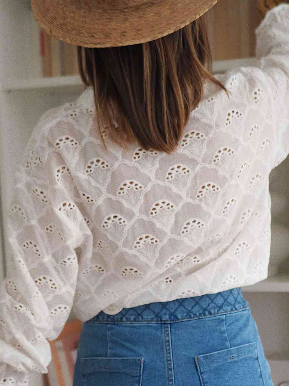 Eyelet Notched Neck Flounce Sleeve Blouse - AllIn Computer