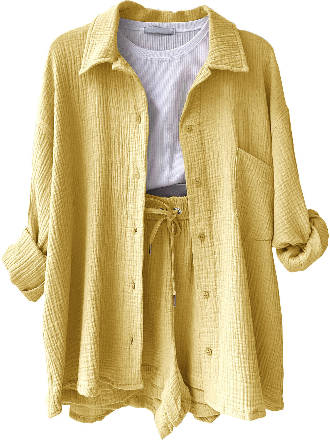 Texture Button Up Shirt and Drawstring Shorts Set - AllIn Computer