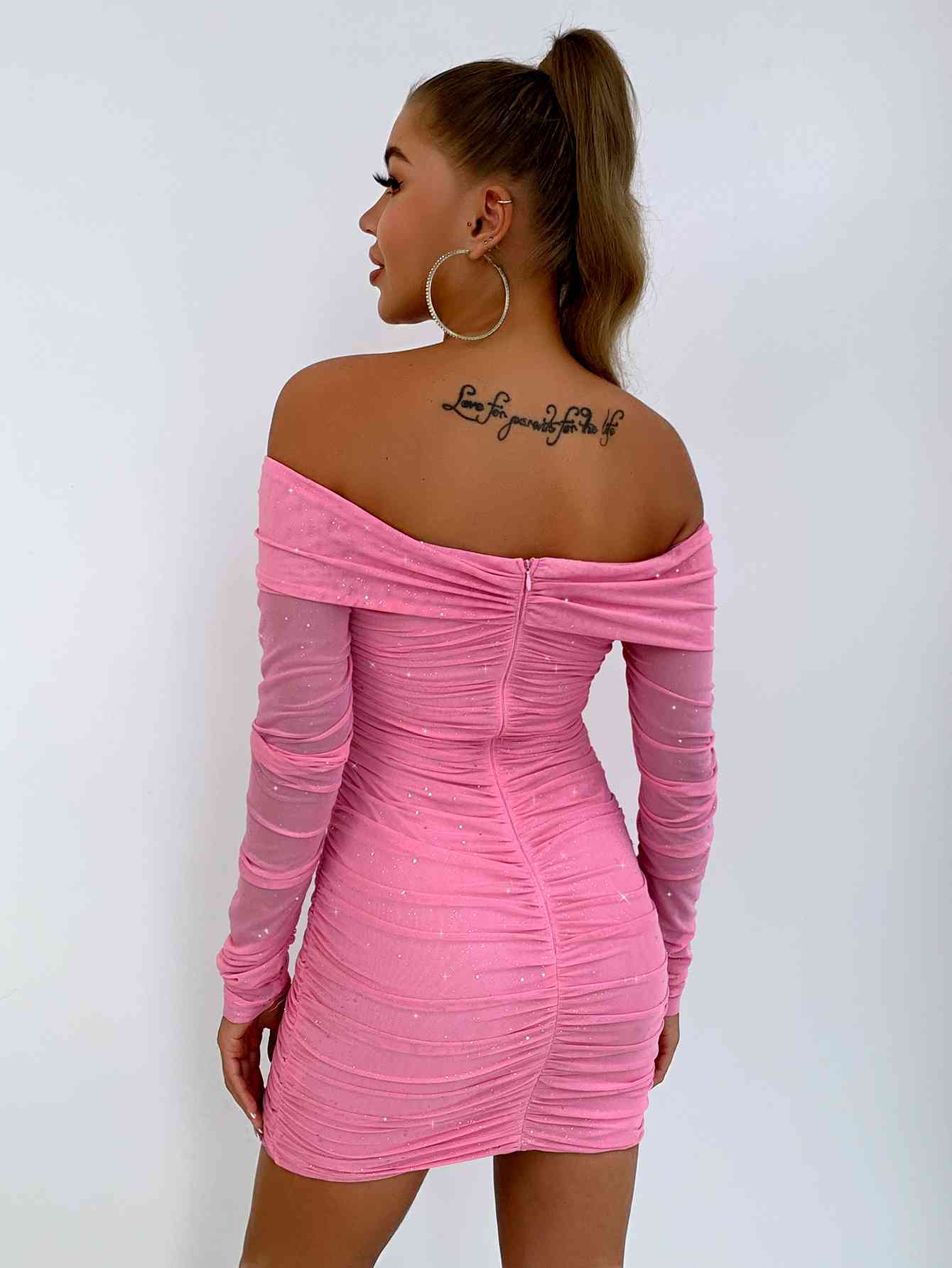 Glitter Ruched Off-Shoulder Long Sleeve Bodycon Dress - AllIn Computer