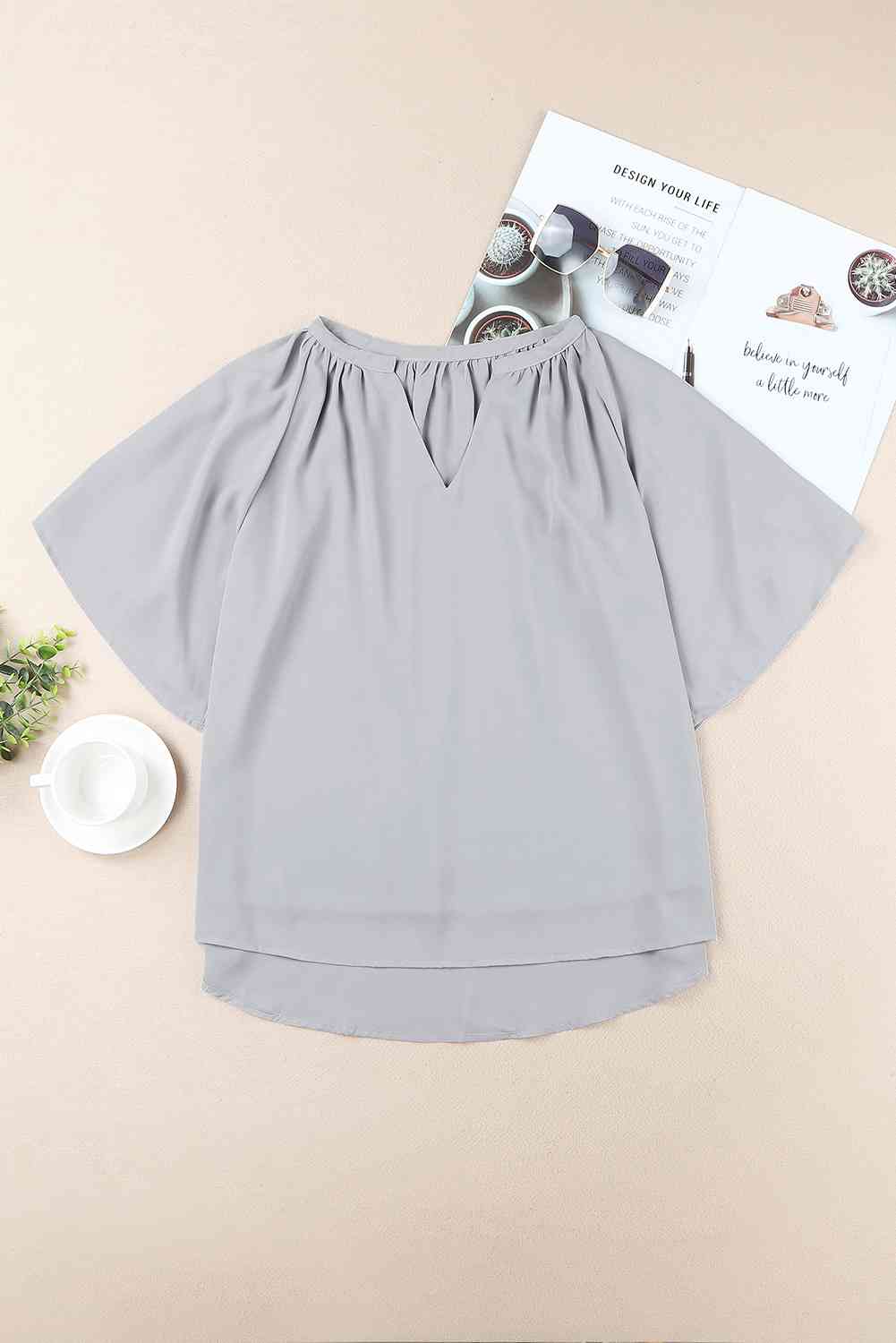 Gathered Detail Notched Neck Flutter Sleeve Top - AllIn Computer