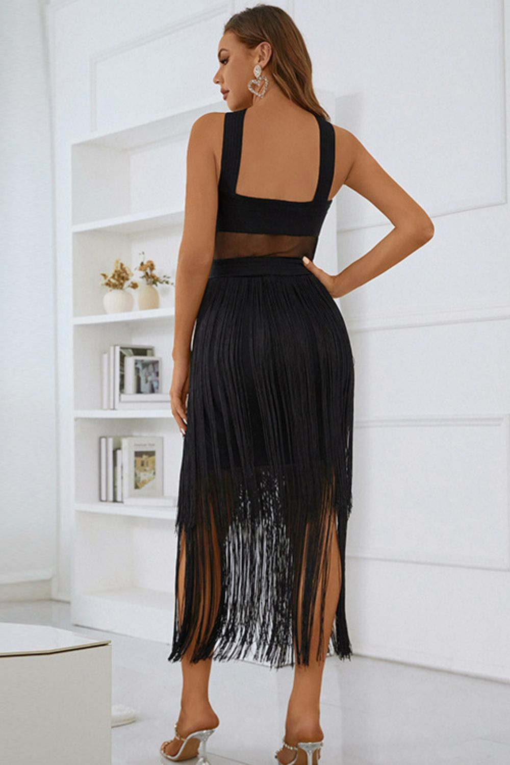 Spliced Mesh Fringe Hem Sleeveless Dress - AllIn Computer