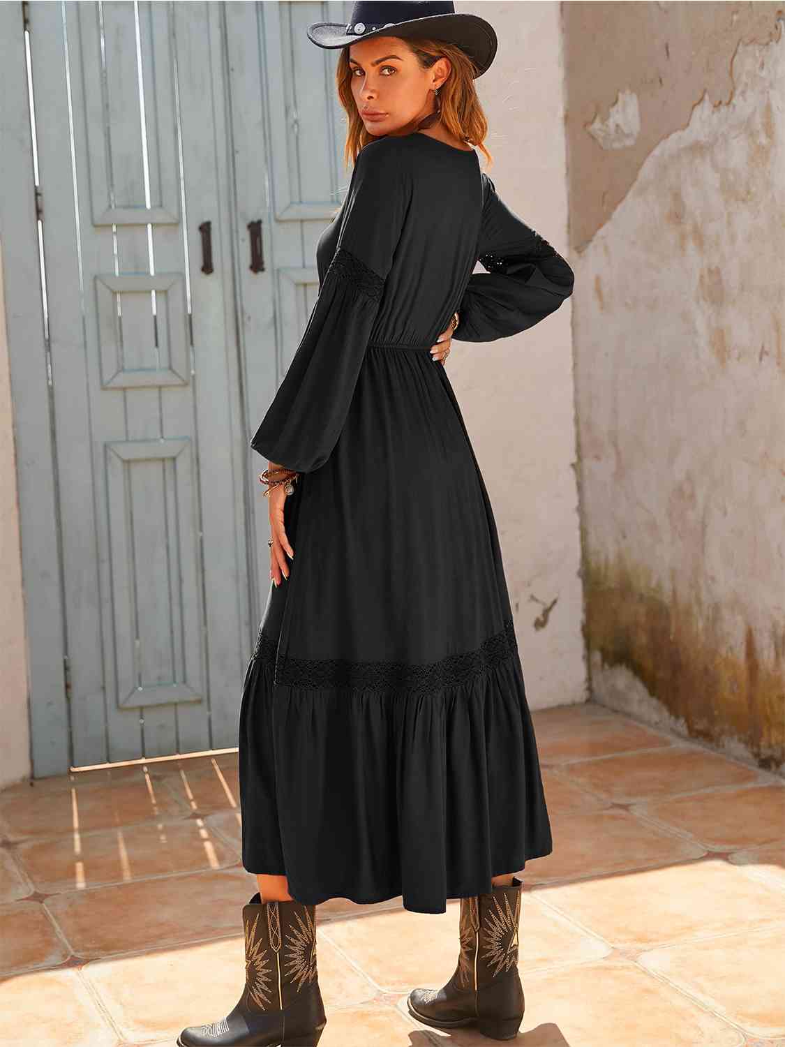 Tie Neck Balloon Sleeve Midi Dress - AllIn Computer