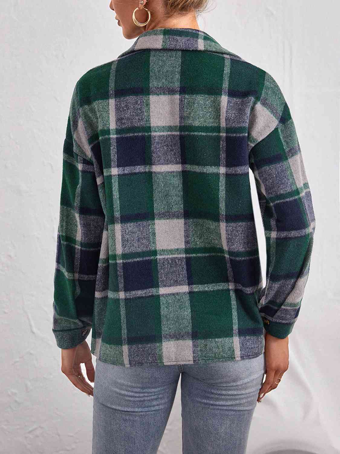 Plaid Collared Neck Button Down Jacket - AllIn Computer