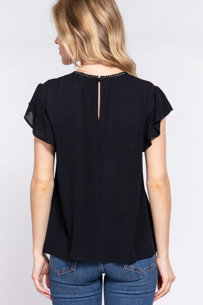 ACTIVE BASIC Ruffle Short Sleeve Crochet Blouse - AllIn Computer