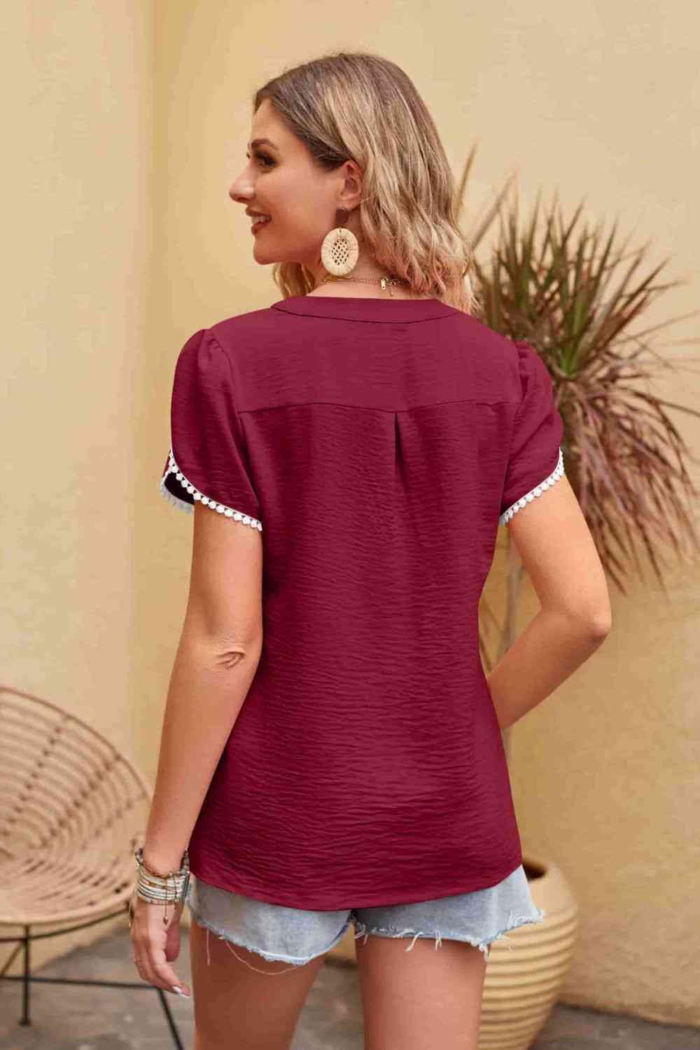 Contrast Trim Pom-Pom Detail Notched Neck Blouse - AllIn Computer