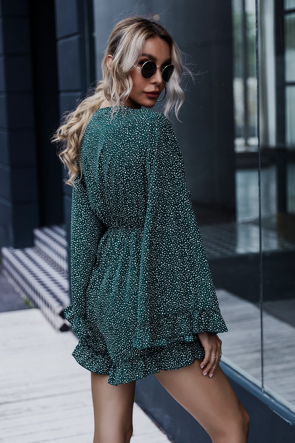 Printed Flare Sleeve Plunge Neck Ruffle Trim Mini Dress - AllIn Computer