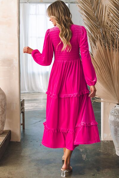 Frill V-Neck Balloon Sleeve Tiered Dress - AllIn Computer