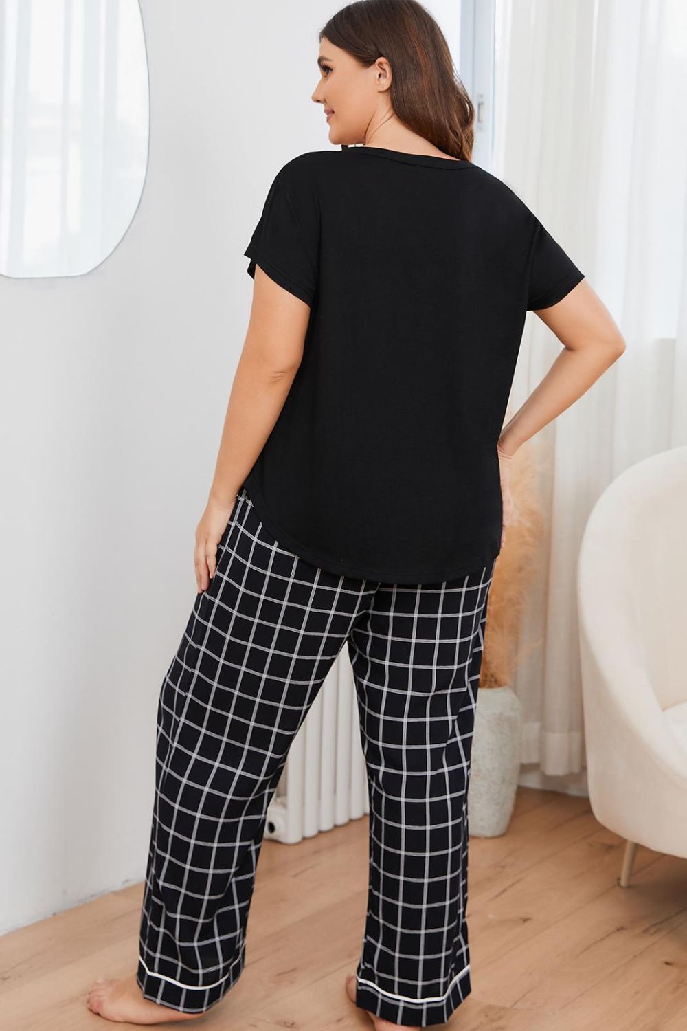 Plus Size V-Neck Top and Plaid Pants Lounge Set - AllIn Computer