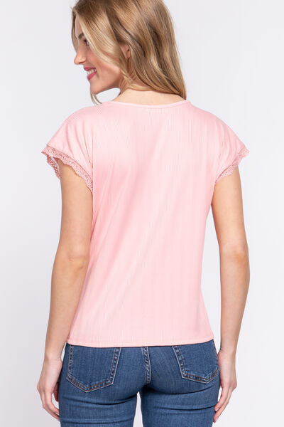 ACTIVE BASIC Lace Trim V-Neck Short Sleeve Ribbed Top - AllIn Computer