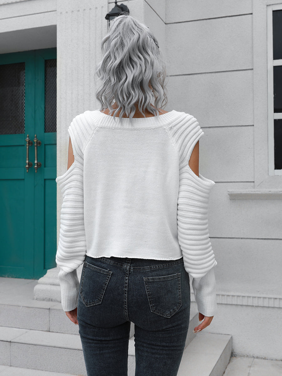 Cold-Shoulder Ribbed Trim Sweater - AllIn Computer