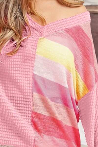 BiBi Striped Contrast Waffle Long Sleeve Top - AllIn Computer