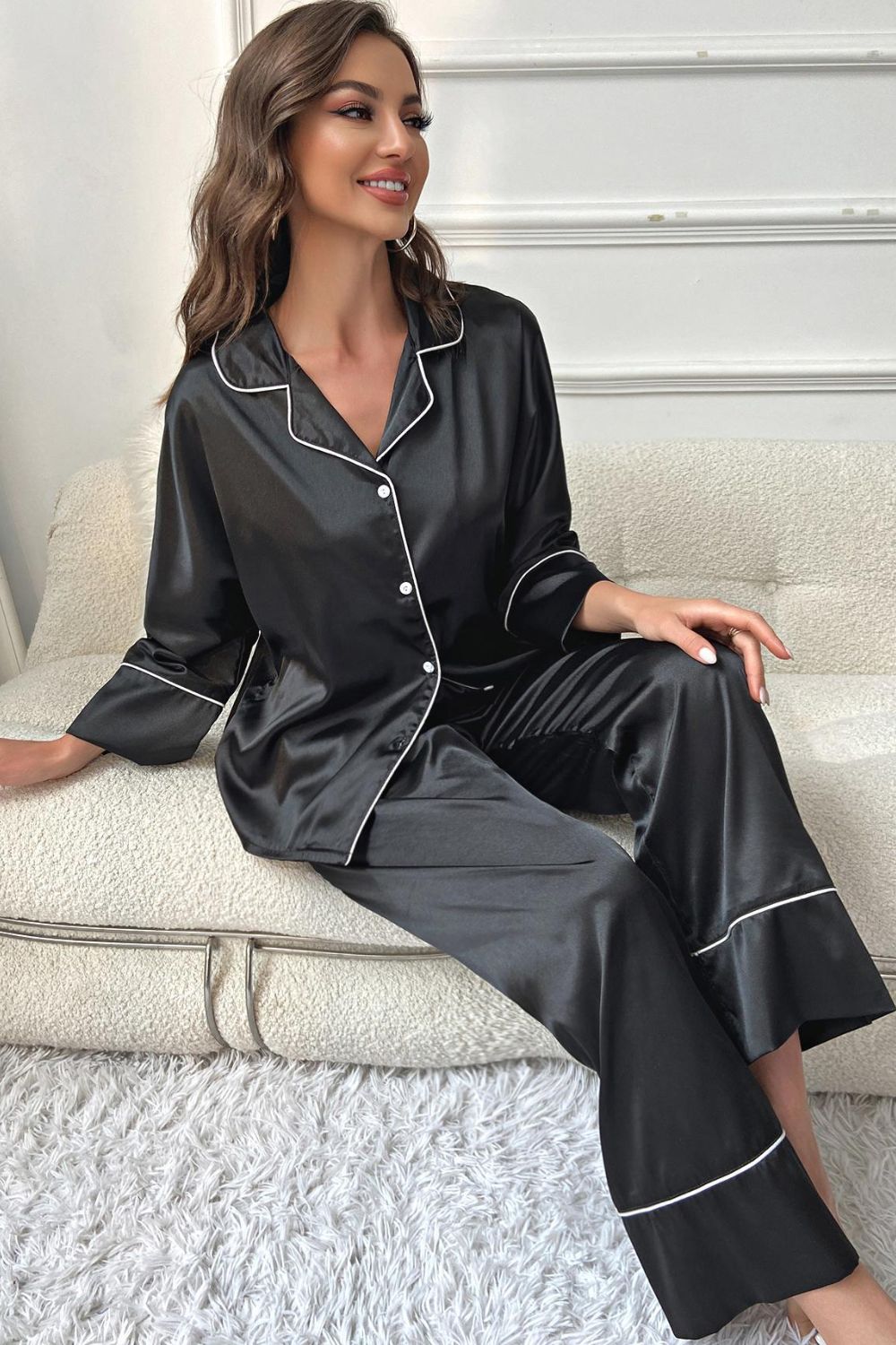 Contrast Piping Button-Up Top and Pants Pajama Set - AllIn Computer