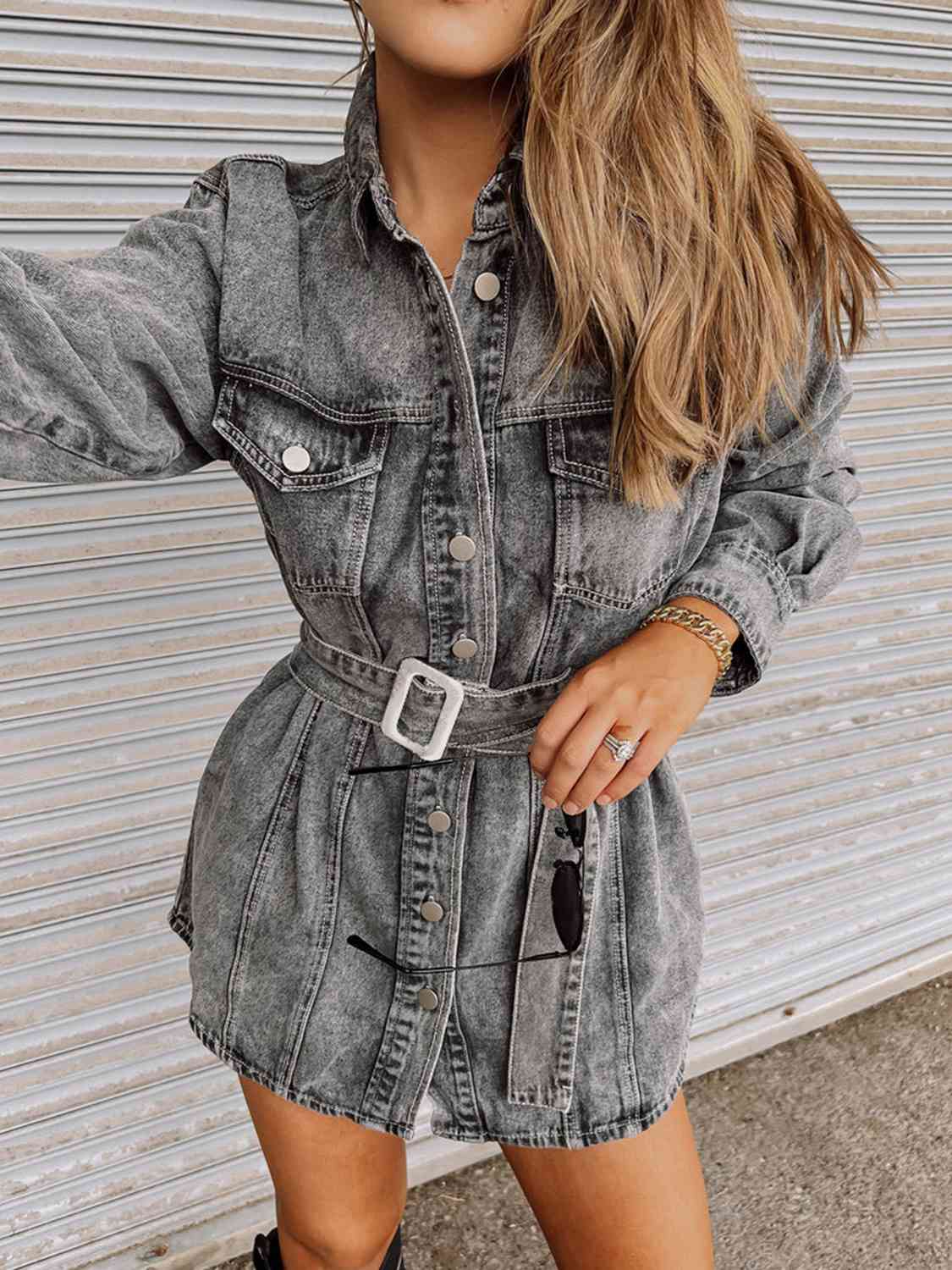 Long Sleeve Collared Denim Dress - AllIn Computer