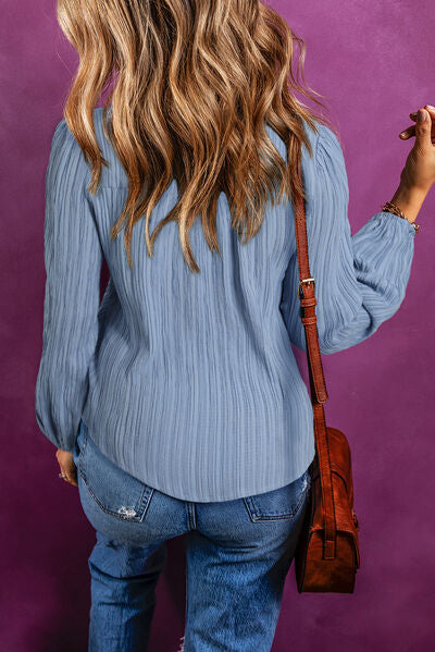 Texture Buttoned V-Neck Long Sleeve Blouse - AllIn Computer