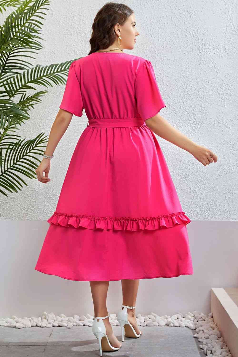 Belted Frill Trim Flutter Sleeve Dress - AllIn Computer