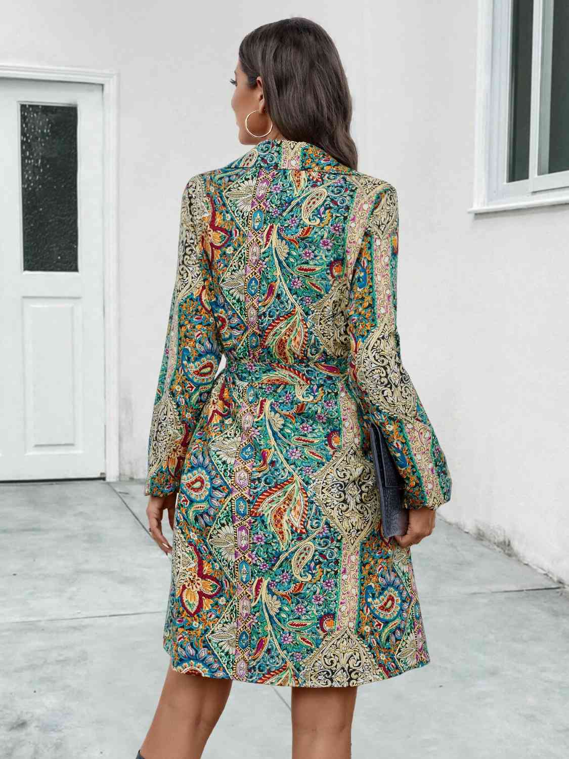 Printed Collared Neck Long Sleeve Dress - AllIn Computer