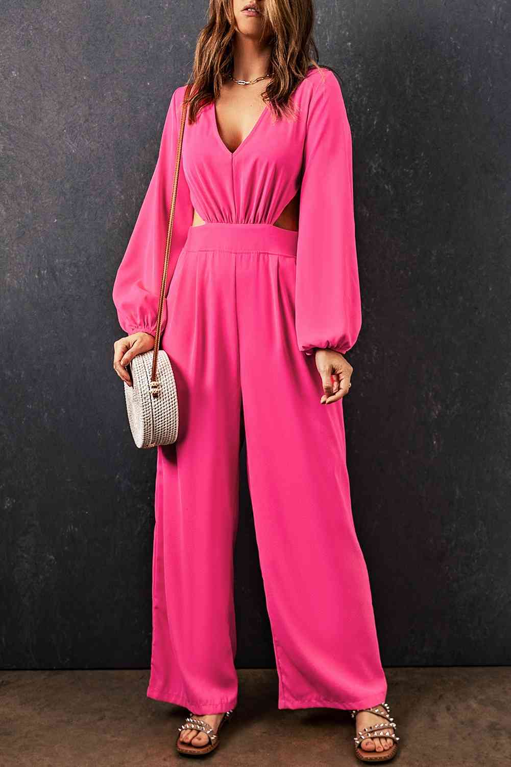 Balloon Sleeve Cutout Plunge Jumpsuit - AllIn Computer