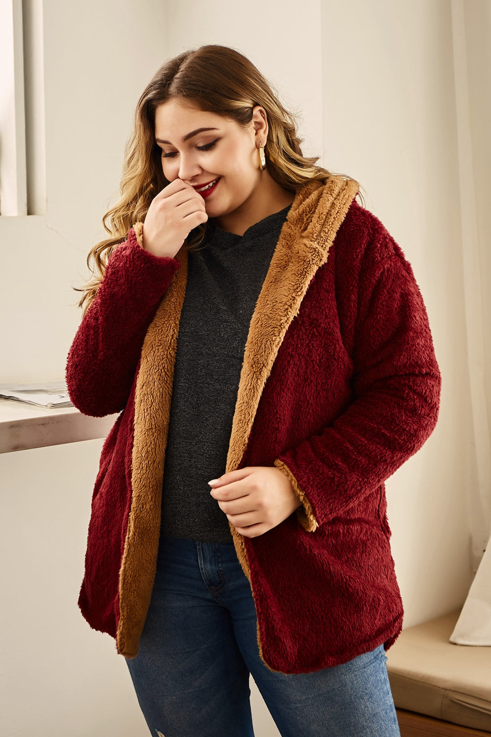 Hanny Plus Size Hooded Longline Teddy Jacket - AllIn Computer