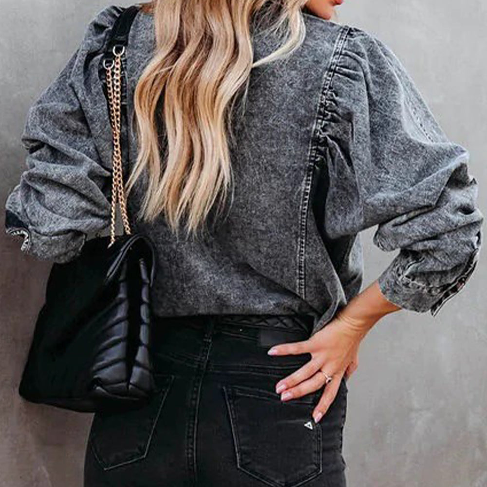 Collared Neck Buttoned Denim Shirt - AllIn Computer