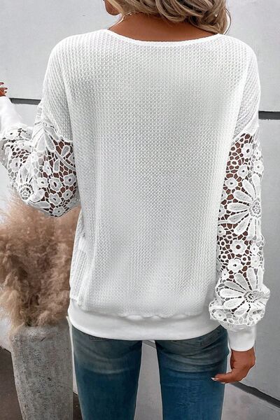 Plus Size Waffle-Knit Crochet V-Neck Blouse - AllIn Computer