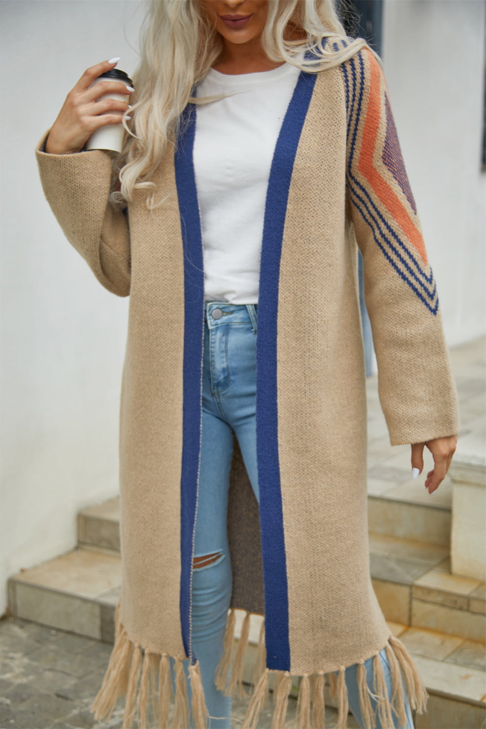 Double Take Geometric Fringe Hem Open Front Duster Cardigan - AllIn Computer