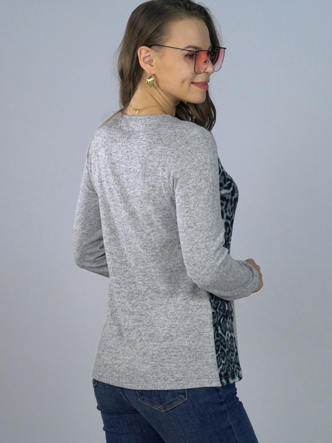 Leopard Print V-Neck Long Sleeve Tee - AllIn Computer