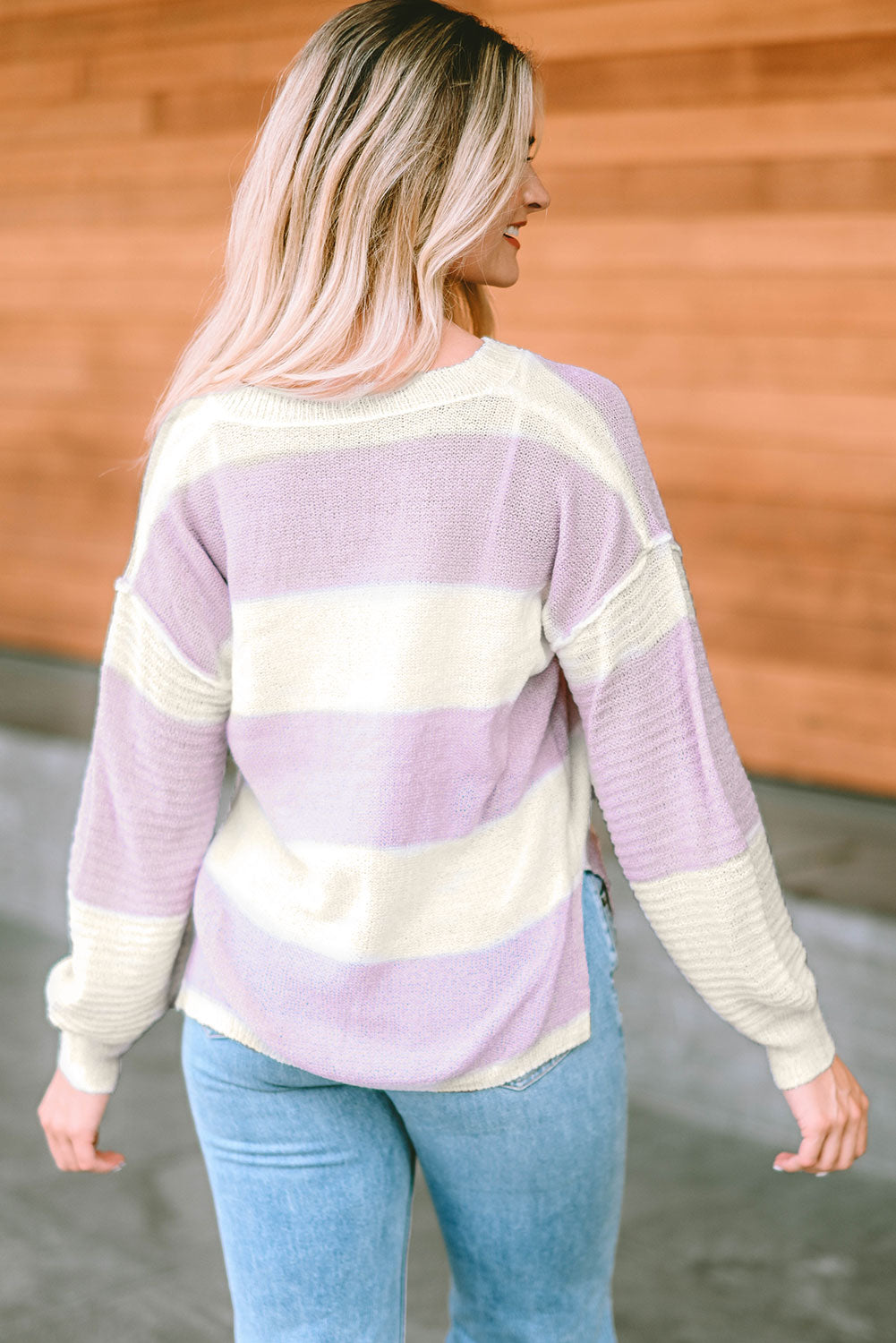 Notched Neck Color Block Dropped Shoulder Knit Top - AllIn Computer