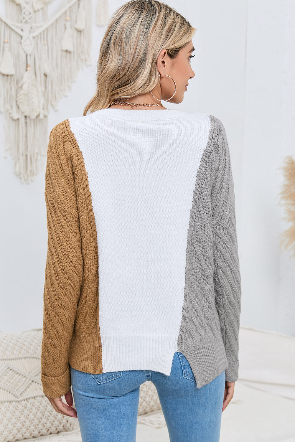 Contrast Color Dropped Shoulder Sweater - AllIn Computer