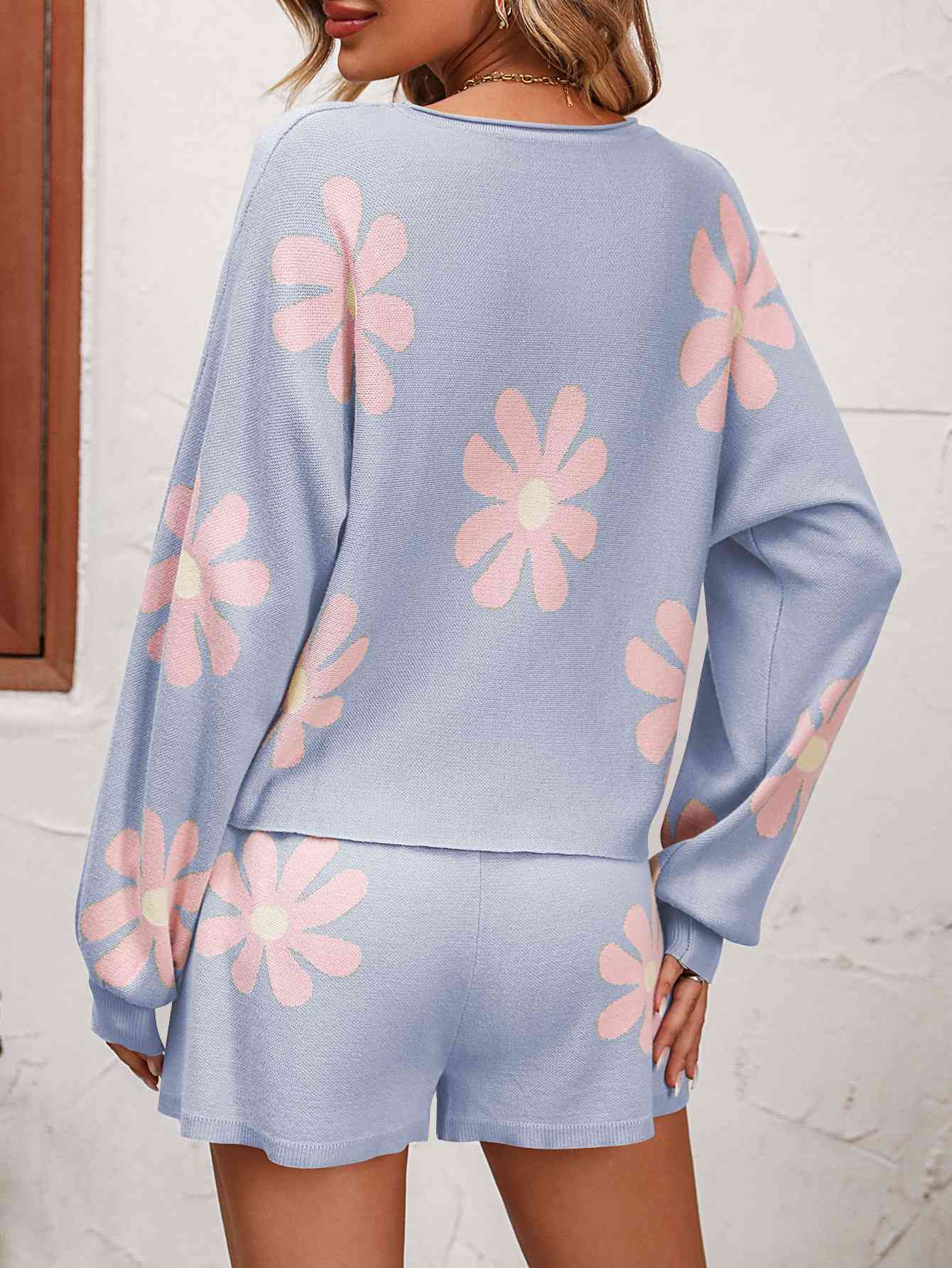 Floral Print Raglan Sleeve Knit Top and Tie Front Sweater Shorts Set - AllIn Computer