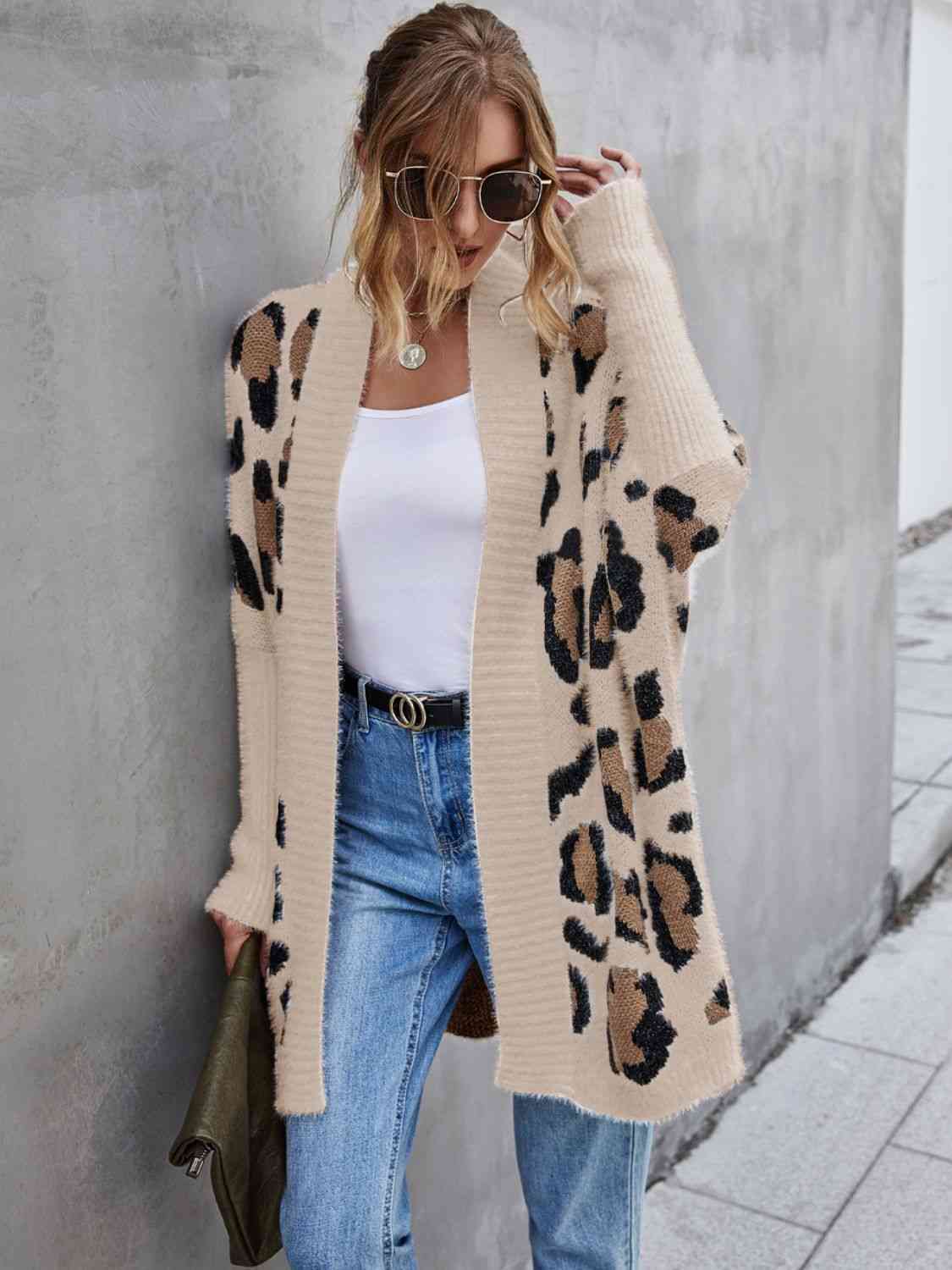 Leopard Pattern Fuzzy Cardigan - AllIn Computer