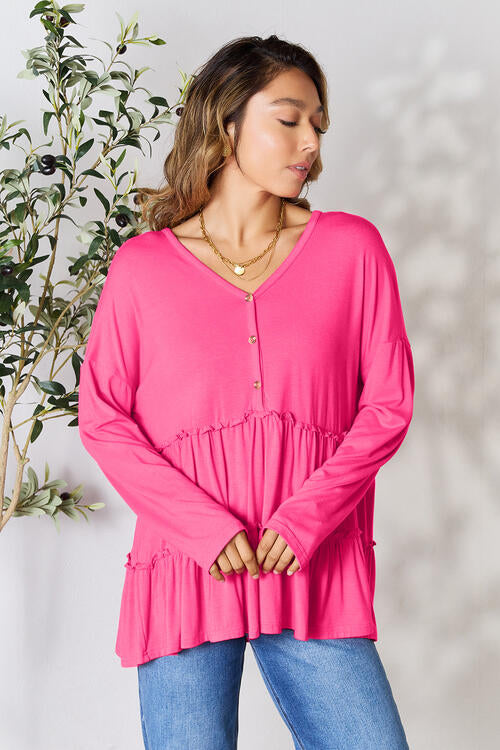 Double Take Half Button Long Sleeve Ruffle Hem Blouse - AllIn Computer