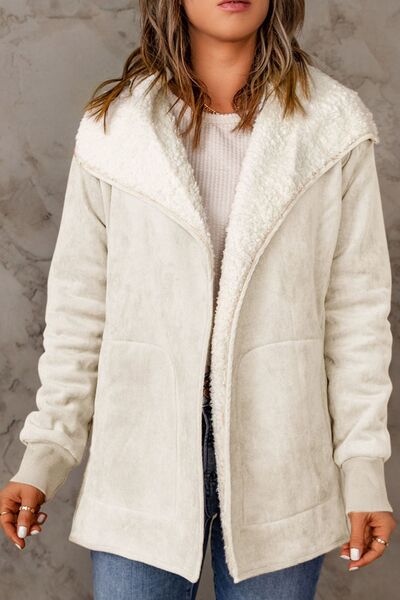 Open Front Long Sleeve Sherpa Jacket with Pockets - AllIn Computer