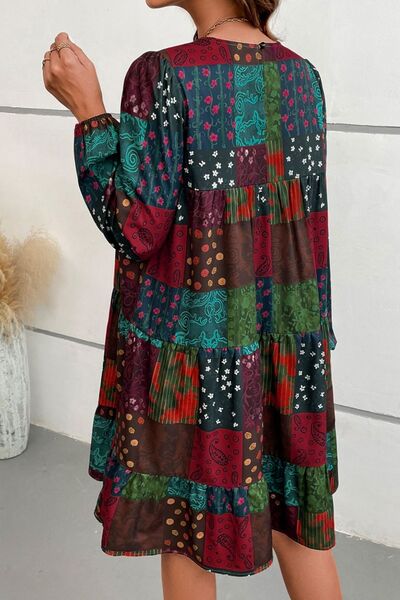 Printed Balloon Sleeve Tiered Dress - AllIn Computer