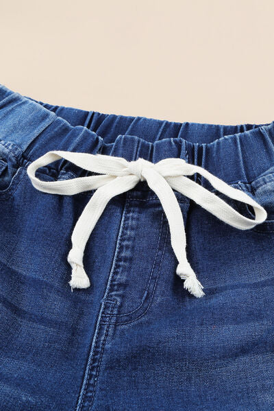 Drawstring Distressed Raw Hem Jeans with Pockets - AllIn Computer